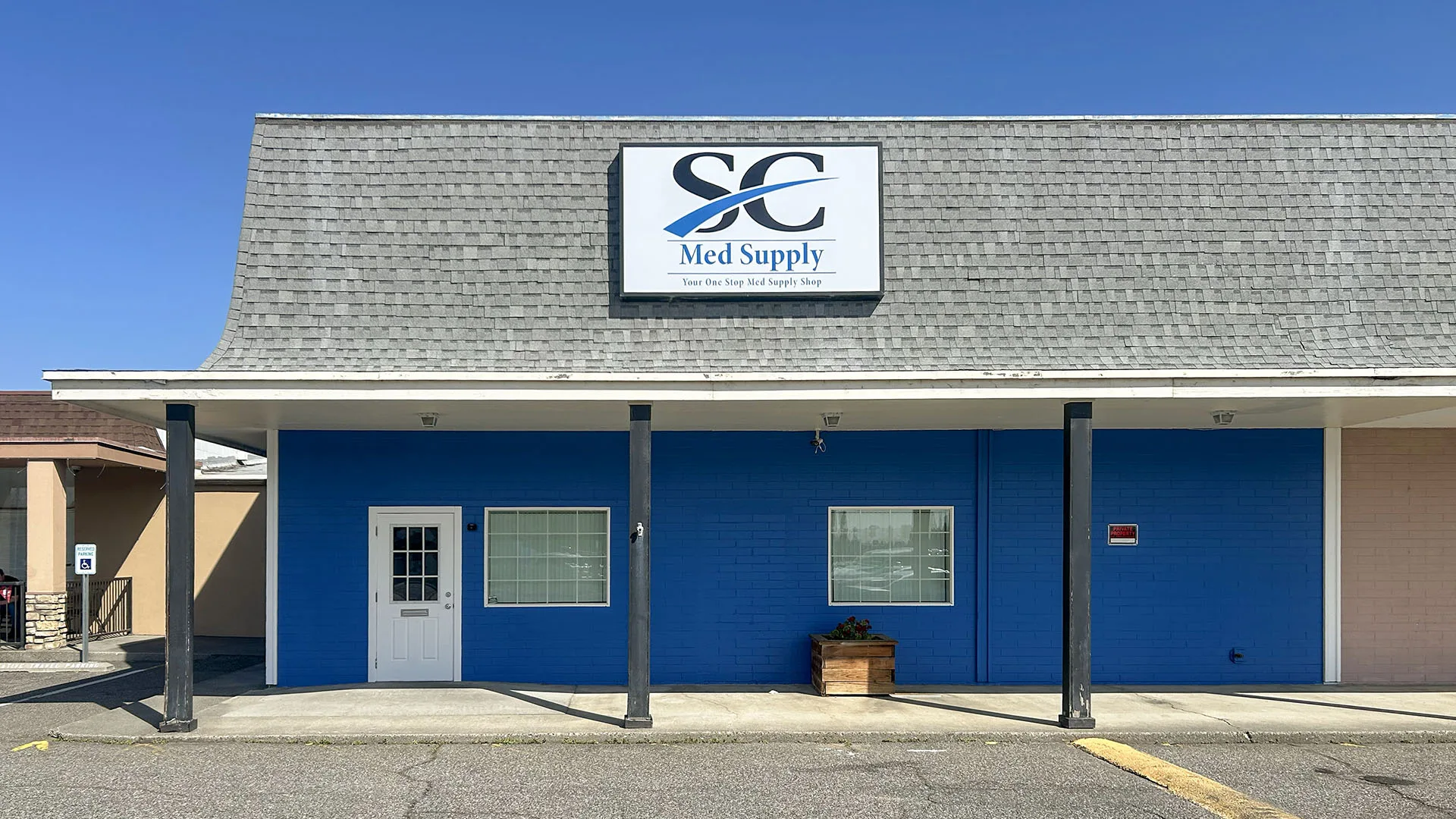 The blue SC Med Supply storefront and sign at our future Richland location.